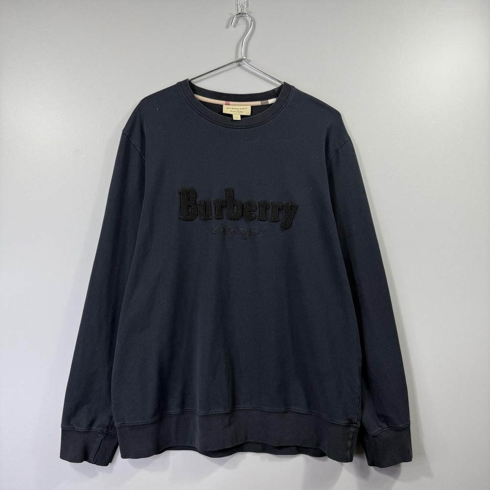Burberry Sweatshirt Mens 2XL Navy Blue Chenille Logo Crewneck Pullover